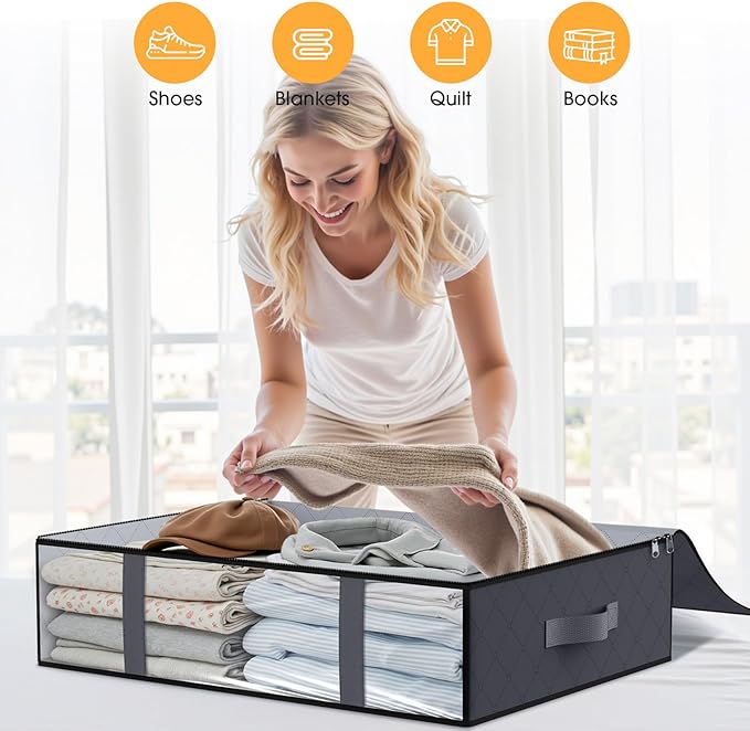 StorageRight Under Bed Storage Bags 4 Pack, 40L Large Clothes & Comforter Storage Containers with Clear Window, Breathable Fabric Organizer for Blankets, Bedding, Seasonal Clothing, Grey