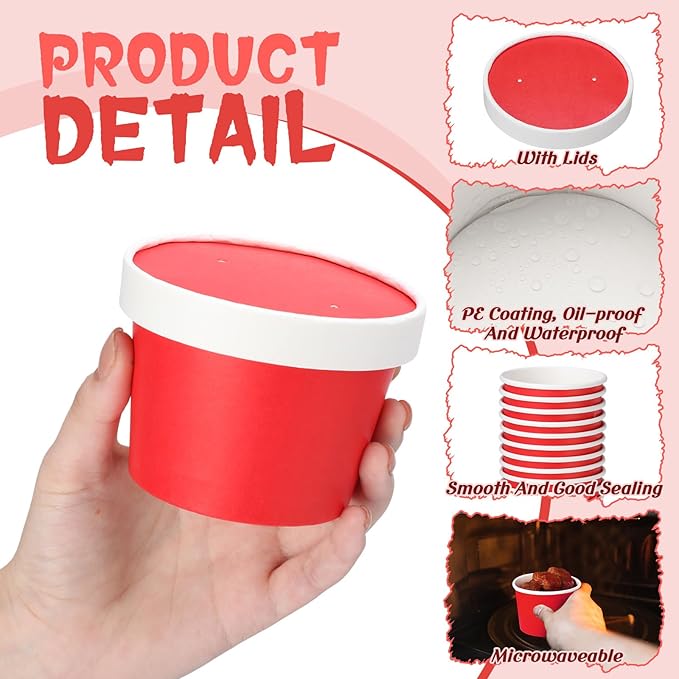 Fulmoon 100 Pack Paper Soup Containers with Lids Disposable Paper Food Containers with Vented Lids Kraft Ice Cream Bowls Soup Cup Ice Cream Cups for Restaurants (8 oz,Red)
