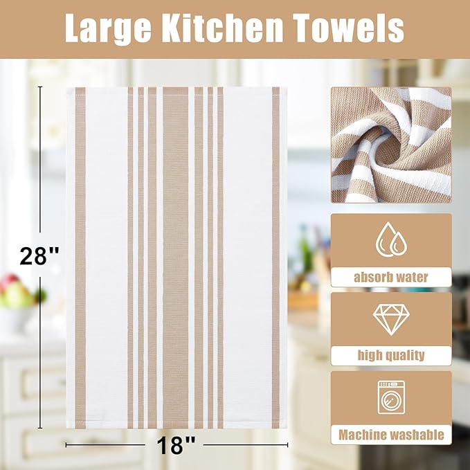 Homaxy Premium Kitchen Towels 18”x 28”, Large Cotton 380 GSM Kitchen Hand Towels, Stripe and Terry Dish Towel, Highly Absorbent Tea Towel Set with Hanging Loop, 6 Pack, Khaki