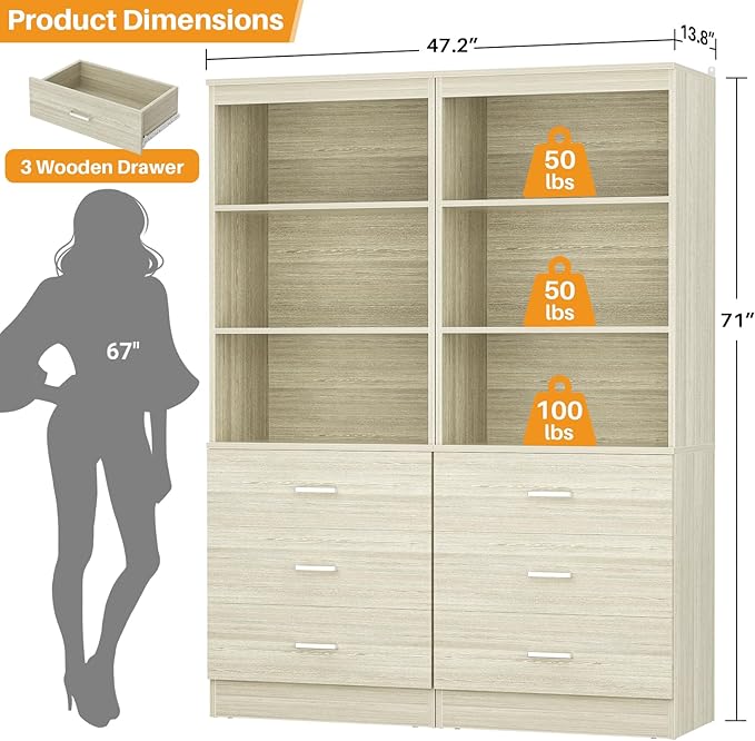 Aheaplus 47.2" Closet Drawers System, 3.94FT Wood Closet Organizer System with 3 Drawers, Modular Small Walk-in Closets Storage Unit, Set of 2, White Oak (47.2" L x 13.8" W x 71" H)