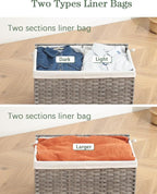 Storage Basket with Lid Rattan Storage Basket with 2 Separate Lid, 27.8 Gallon (105 L) 25.2 * 15.4 * 16.1 Inches Woven Wicker Baskets with 2 Liners and Handles for Bedroom Laundry-Gray