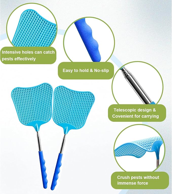Fly Swatter Heavy Duty Set, with Durable Telescopic Stainless Steel Extendable Handles, for Home, Classroom, Indoor Outdoor Office, 2Pcs, Blue