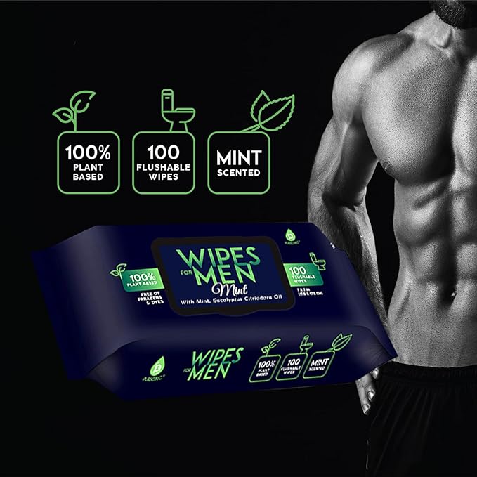 Pursonic Soft Mint Scented Flushable Wipes for Men - 12 Pack (1200) Plant Based Face and Body Wipes with Aloe Vera & Vitamin E - Extra Large Wipes for Gentle & Thorough Cleansing