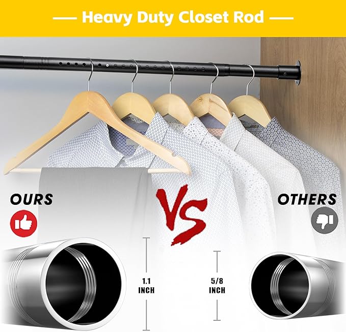 Closet Rod,17 to 55 Inch Adjustable Closet Rods for Hanging Clothes Heavy Duty Closet Hanging Rod Metal Black Closet Poles for Wardrobes