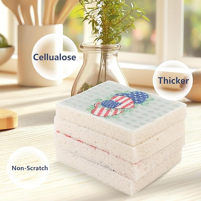 4Pcs USA Flag Heavy Duty Kitchen Dish Sponges | Large Odor Free Non-Scratch Scrub Pad | Household Cleaning Scrubber for Sink, Counters, Surfaces, Pots, Pans, Dishwashing (6" x 4" x 1"), Style 1