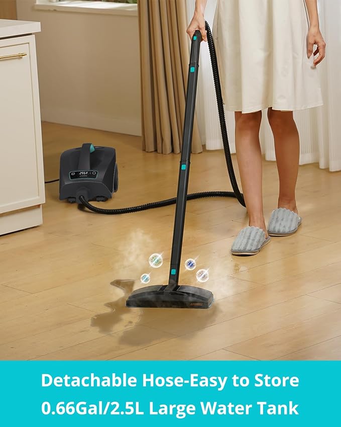 Steam Cleaner: 40s Fast Heating-0.66Gal (2.5L) Large Tank-21 PCS Kit-No Cooling-Refill Anytime-Detachable Hose Steamer Mop for Home Grout Tile Shower Floor Cleaning Black