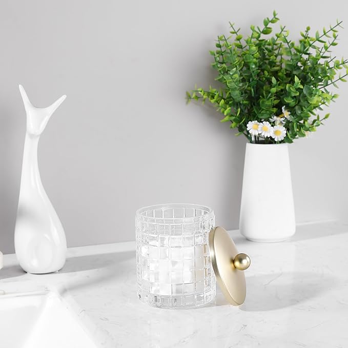 Clear Tranparent Apothecary Etched Geometric Grid Glass Jar W/Gold Metal Lid Cover for Bathroom Organization, Cotton Balls, Q Tips, and Small Accessories, Bathroom Storage