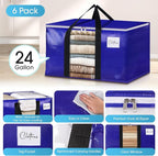 BlissTotes 6 Pack Moving Bags with Clear Window, Storage Bags with Strong Carrying Handles & Zippers,Large Packing Bags for Saving Space, Alternative to Moving Boxes(Blue,24 Gallon)