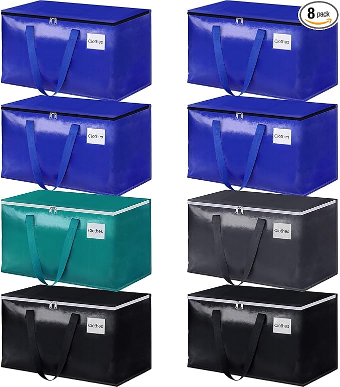 StorageRight Moving Bags-Heavy Duty Moving Boxes, Storage Totes with Zipper, Reinforced Handles and Tag Pocket-Collapsible Moving Supplies for moving, Storage and Travel 93L(Four Colors-8 Pack)