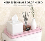 Toilet Tank Tray Organizer – Oak Wood Bathroom Counter Basket with Metal Frame, Back of Toilet or Tank Top Paper Holder Storage – Pink Modern Decor