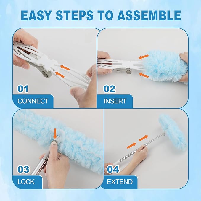 100Pcs Duster Refill Compatible with Swiffer Hand Duster +4FT Extended Handle +1 Handle, 360° Heavy Duty Duster Refills Kit for Cleaning, Office, Ceiling Fan, Baseboard & Blind