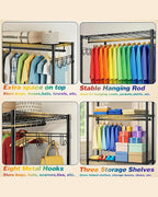 Heavy Duty Clothes Rack, Sturdy Carbon Steel Rolling Garment Rack with Lockable Wheels, Adjustable Shelves & Hooks, Free Standing Clothing Racks for Hanging Clothes, Closet System Max Load 655 LBS