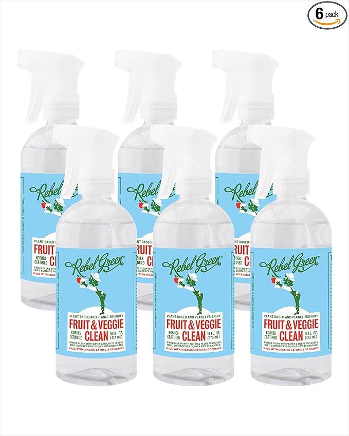 Rebel Green Fruit & Veggie Clean - Plant-Based Produce Cleaner - Natural Fruit and Vegetable Wash with No Aftertaste - Chemical & Wax Removal - Made with Organic Extracts of Citrus - 6 Pack 17 FL OZ