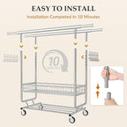 Gewudraw Heavy Duty Clothes Rack with Metal Basket, 1060 LBS Rolling Double Rod Garment Rack, Portable Extendable Clothing Rack with Wheel for Bedroom, Laundry Room & Retail Store