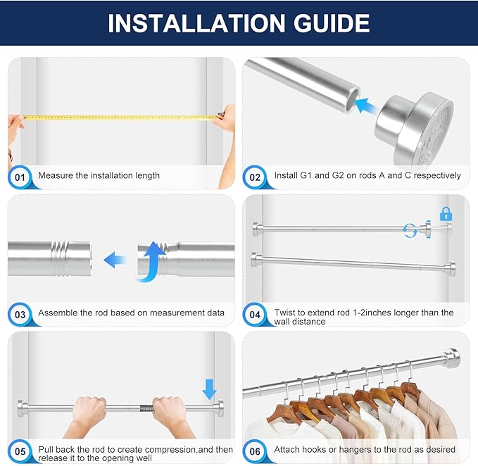 No Drilling Closet Rod, 27.5-51 Inches Hanging Closet Rod for Clothes, Closet Bar & Pole Heavy-duty, Closet Rods for Hanging Clothes For Closet Wardrobes Bathroom Laundry RV Curtains,Nickel