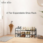 STO STO Expandable Shoe Rack, 2-Tier Metal Small Shoe Rack for Closet, Up to 12 Pairs Adjustable Shoe Rack Storage for Front Door Entrance, Free Standing Shoe Rack Organizer for Entryway, Black
