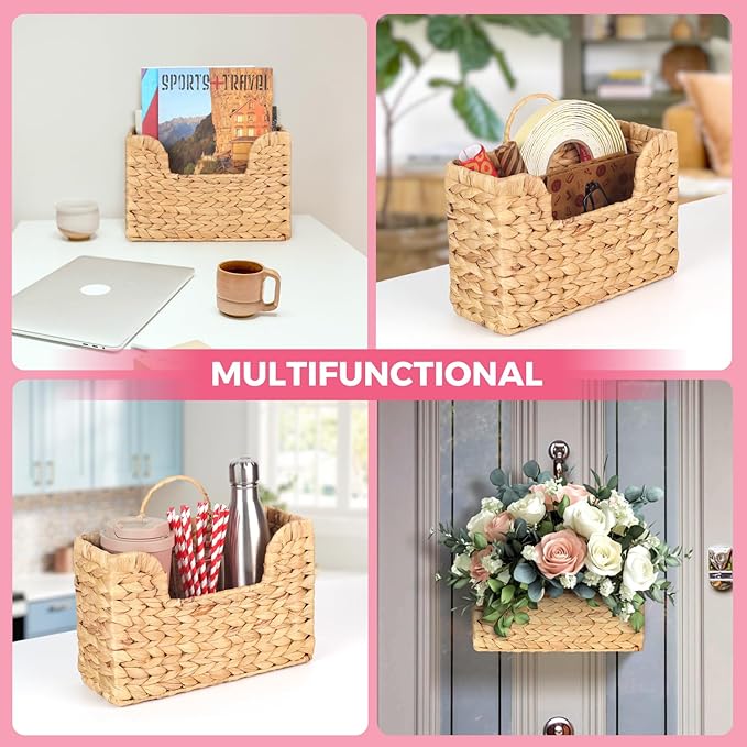 Handwoven Water Hyacinth Wall Magazine Holder - Natural Hanging Organizer for Mail, Newspapers & Magazines, Books & Files - Decorative Boho Storage Basket for Entryway, Bathroom, Living Room, Office.