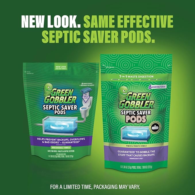 Green Gobbler Septic Tank Treatment Packets - Natural Bacteria to Prevent Costly Septic Issues, Back-Ups, Foul Odor (24 Pods) Pod: Color May Vary
