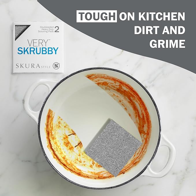 Skura Style Very Skrubby Heavy Duty Scouring Pads (Bulk 4 Pack) | Abrasive Kitchen Cleaner for Caked-on, Baked-on Dirt | Durable, Odor-Free, Flexible, Dual Sided, Polyurethane Foam Scrubber