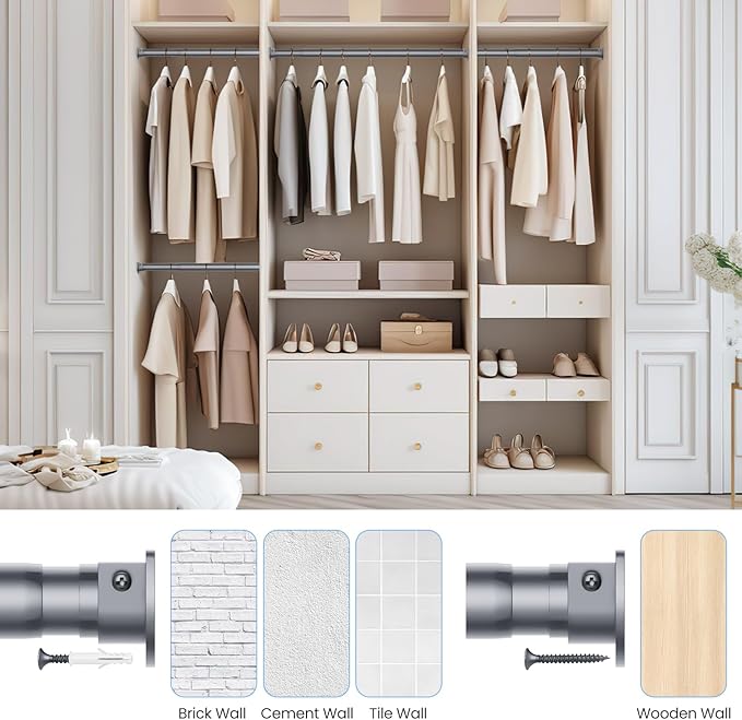 Closet Rods for Hanging Clothes, 17 to 99 Inches No-Cut Stepless Adjustable Closet Rod, 1.3 Inches Expandable Metal Heavy Duty Closet Hanging Rod for Closet Wardrobe Bathroom Laundry RV, Silver