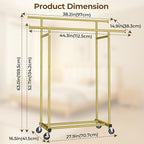 HYSEYY Double Rods Clothes Rack, Sturdy Rolling Clothing Rack, Portable Clothing Racks for Hanging Clothes - Metal Garment Rack Wardrobe Coat Rack for Bedroom Laundry Living Room, Gold