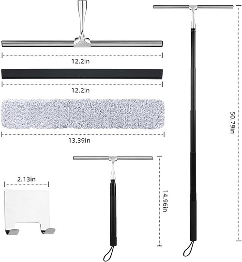 2 in 1 Window Squeegee, Shower Squeegee Window Cleaning Kit with Extension Pole Long Handle Squeegee for Shower Glass Floor Bathroom Home Outdoor, 12 inch Wide, Black