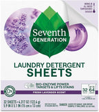 Seventh Generation Laundry Detergent Sheets, Up to 64 Loads, Fresh Lavender Scent, Removes Tough Stains, 0% Dyes and Artificial Fragrances, Safer for your family, (Pack of 2)
