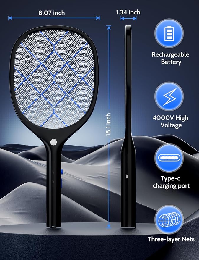 YISSVIC Electric Fly Swatter Bug Zapper Racket 4000V Rechargeable Mosquito Killer with LED Light for Indoor Home Office Backyard Patio Camping