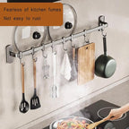 Rail Rack Organizer Self Adhesive Kitchen Utensil Rack Aluminum Wall Mounted Hanging Rail 8 Removable Hooks Pots Pans Spoons Knives,Grey,45cm