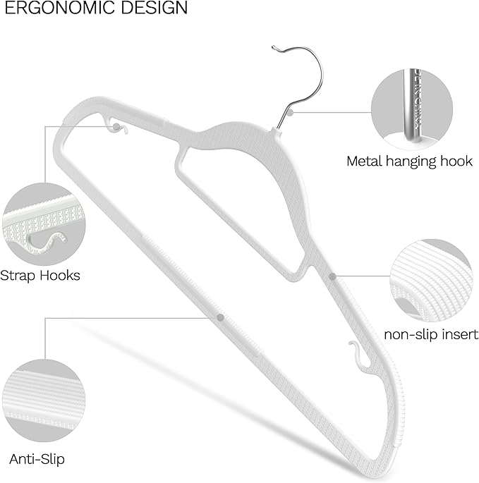 60 Pack Thin Space Saving Hangers, No Slip Clothes Hangers with Non Slip Textured and 360° Hook - Plastic Hanger, Closet Organizer for Shirt, Pants, Suit, Skirt, Coat - Ivory White