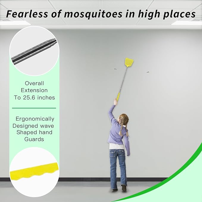 MYSTICHOME Fly Swatter 1 PCS, Durable Heavy Duty Plastic Fly Swatters, Stainless Steel Telescopic FlySwatter for Indoors/Outdoor/Kitchen/Garden (Yellow)