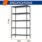 Soywey 5-Shelf Adjustable Heavy Duty Storage Shelving Unit, Metal Organizer Wire Rack for Laundry Bathroom Kitchen Pantry Closet, Black