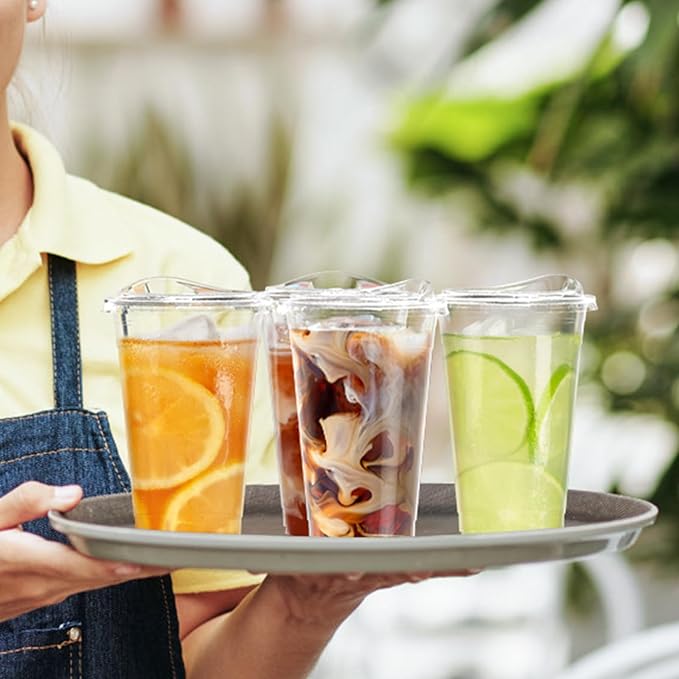 100 Pack - 20 oz Clear Plastic Cups with Lids, Sturdy & Food Safe Iced Coffee Cups with lids, Disposable Plastic Smoothie Cups for Cold Drinks, Sip Lids