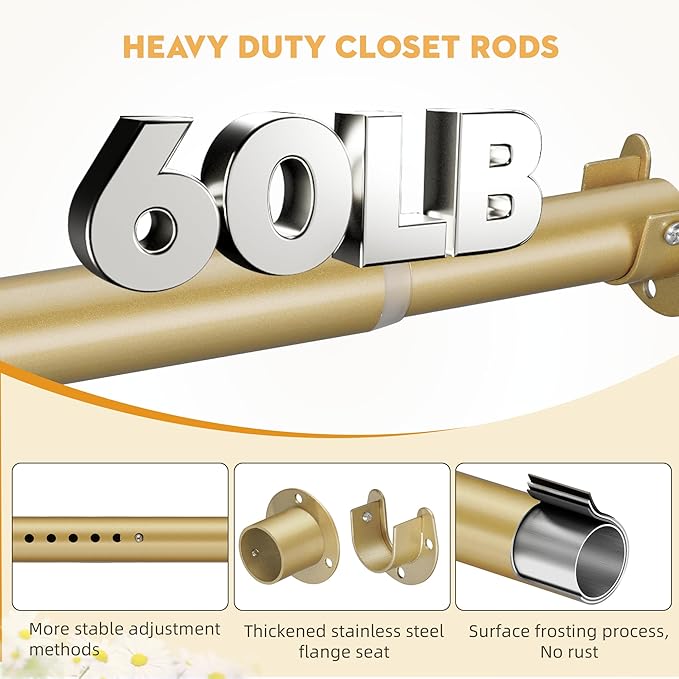 1.3 Inch Diameter Closet Rods for Hanging Clothes 17-51 Inch Adjustable, Metal Heavy Duty Closet Pole, Gold Closet Bar for Hanging Clothes, Suitable for Closet, Wardrobes, Bathroom, Windows