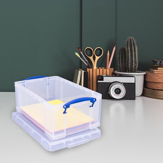 Really Useful Box Stackable 9 Liter Plastic Storage Container Bin with Snap Lid and Built-In Clip Lock Handles for Home & Office Organization (3 Pack)