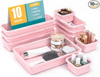10 PCS Drawer Organizer Set, 4 Size Makeup Drawer Divider Organizer With Non-Slip Pads, Interlocking Plastic Storage Bins for Office,Jewelry Vanity,Gadgets, Bathroom,Kitchen, Pink