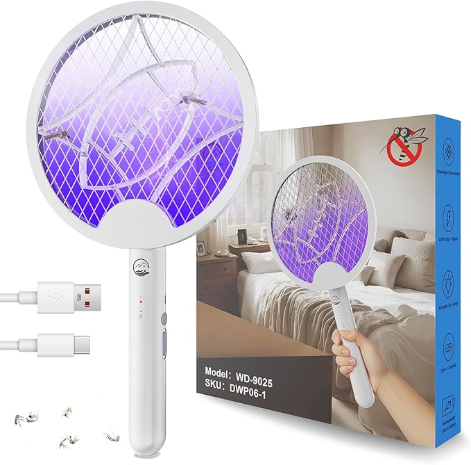 Electric Fly Swatter Racket, Foldable 2 in 1 Bug Zapper with Purple Trap Lamp, 4000V & 1500mAh Powerful Mosquito Trap Killer with Type-C Rechargeable for Indoor Home Office Patio Camp(1 Pack)