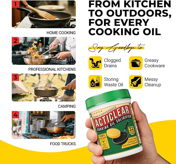 Cooking Oil Solidifier - 11oz (32 Cups) Algae-Based Grease Hardener for Easy Disposal, Turns Used Cooking Oils to Solid Waste, Kitchen Fry Oil Solution (2.2 Gallons)