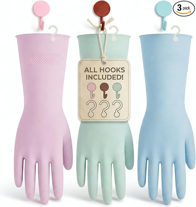 IMARU 3 Pairs Dishwashing Gloves with Hanging Hooks - Reusable Rubber Cleaning Gloves for Household & Kitchen & Gardening, Non-Slip & Waterproof & Durable (Large)