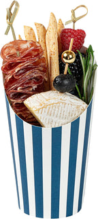 Restaurantware Bio Tek 16 Ounce French Fry Containers 100 Disposable Charcuterie Cups - Incline Design Round Striped Paper French Fry Cups Stackable For Waffles Chips or Popcorn