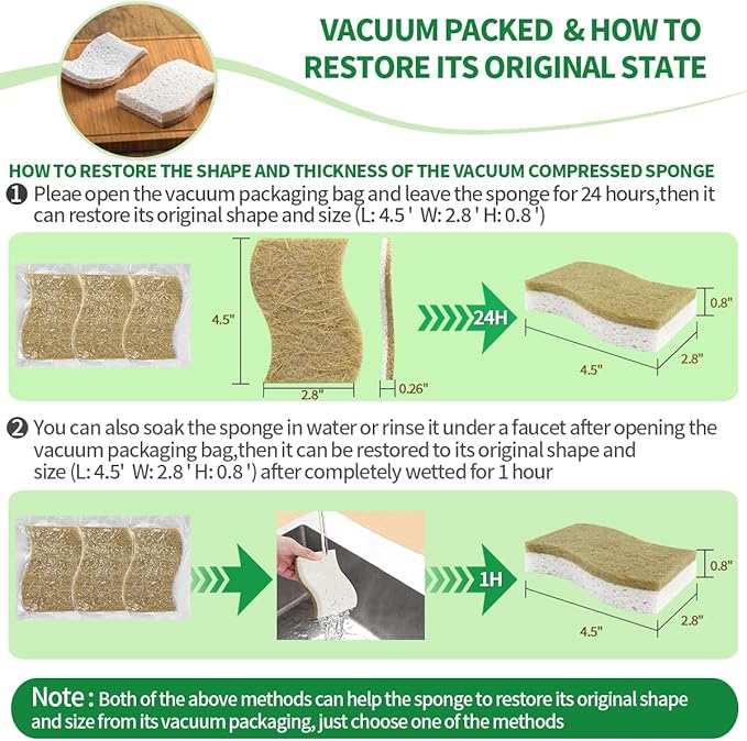 Sponges Kitchen Natural Dish Sponge Plant-Based Biodegradable Compostable Cellulose with Coconut Scrubber Sponge Non Scratch Eco Friendly Kitchen sponges for Kitchen Dishes（Pack of 6）