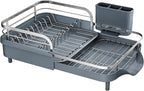 SAYZH Dish Drying Rack - Expandable Dish Rack for Kitchen Counter, Rust-Resistant Dish Drainer with Utensil Holder and Raised Guardrail, Kitchen Organizer for Cup and Bottle (Grey)