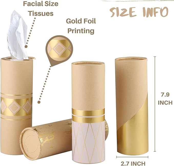 Car Tissue Holder with 3-ply Facial Tissues Bulk - 4 PK Gold Foil Cylinder, for Car, Travel Cup Holder, Refill Box Round Container Kraft