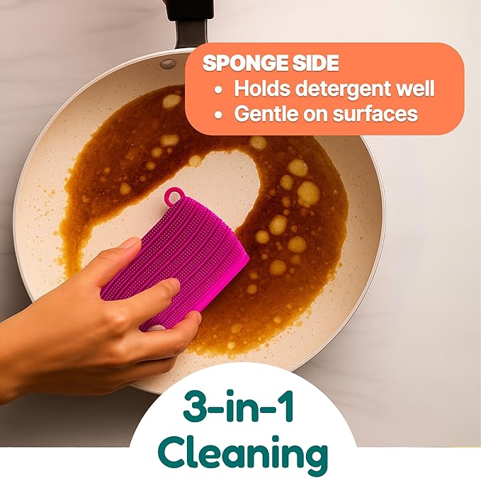3-in-1 Silicone Scrubber Sponge with Squeegee – Non-Scratch Kitchen Sponge for Dishes, Sink & Bathroom, Quick-Dry, Reusable Cleaning Tool (Pink+Yellow)