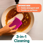 3-in-1 Silicone Scrubber Sponge with Squeegee – Non-Scratch Kitchen Sponge for Dishes, Sink & Bathroom, Quick-Dry, Reusable Cleaning Tool (Pink+Yellow)