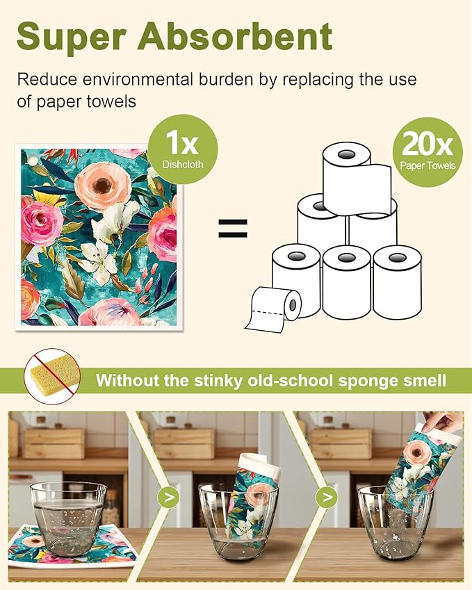 6 Pack Swedish Dishcloths for Kitchen - Reusable Dish Cloths for Washing Dishes Absorbent Cute Funny Kitchen Towels Cleaning Sponge, Floral Bird