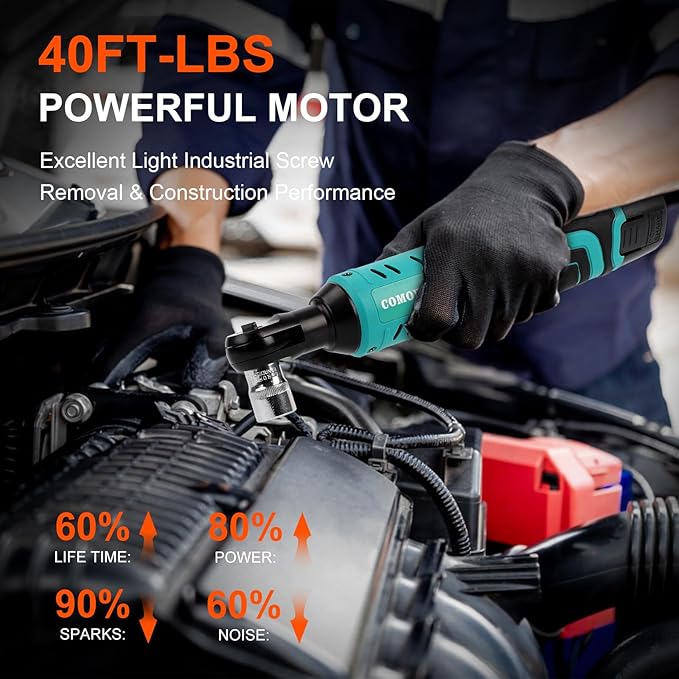 COMOWARE 3/8 Cordless Electric Ratchet Wrench Kit, 40ft-lbs Torque, 12V Power, 8 Sockets, LED Light, Fast Charger, Ergonomic Design