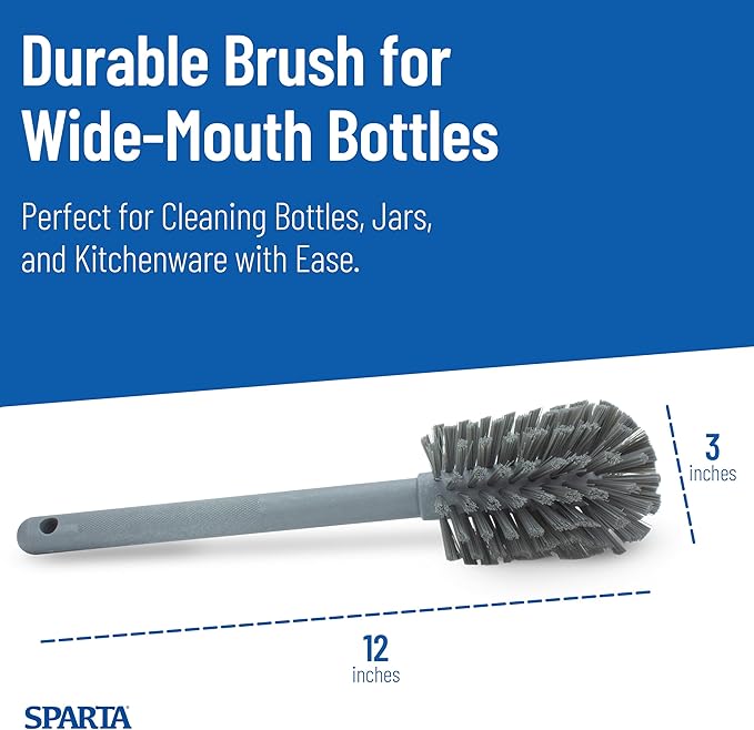 SPARTA Large Water Bottle Brush Ideal for Wide-Mouth Jars, Bottles and Tumblers, Dishwashing Tool with Handle for Home and Commercial Kitchens, Plastic, 12 Inches, Gray, (Pack of 6)