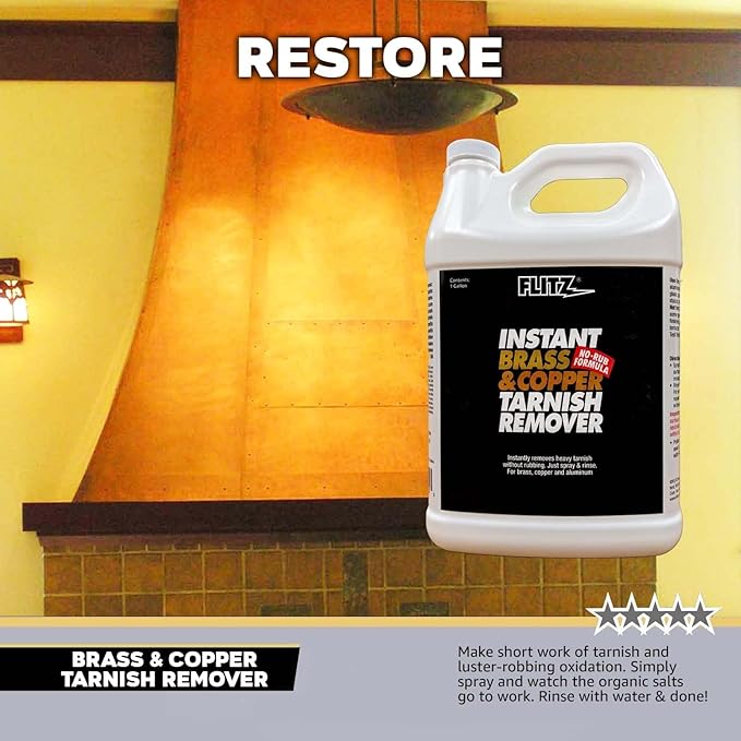 Flitz Instant Brass and Copper Tarnish Remover - 1 Gallon Bottle of USA-Made Organic Rust Remover Spray (No-Rub) - Removes Stains & Oxidation from Glass & Aluminum - Brass Cleaners That Work (1 Pack)
