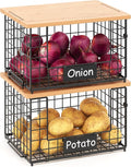 keomaisyto 2 Set XL Stackable Wire Baskets with Bamboo Top- Pantry Organizers and Storage, Kitchen Organization Counter Storage Bins for Potato/Onion/Fruit/Vegetable/Produce, Under Sink Organizing